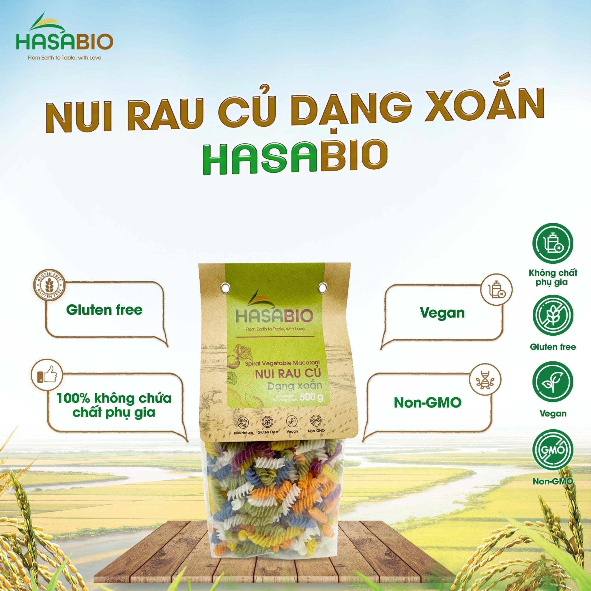 Nui rau củ dạng xoắn HASABIO 500G