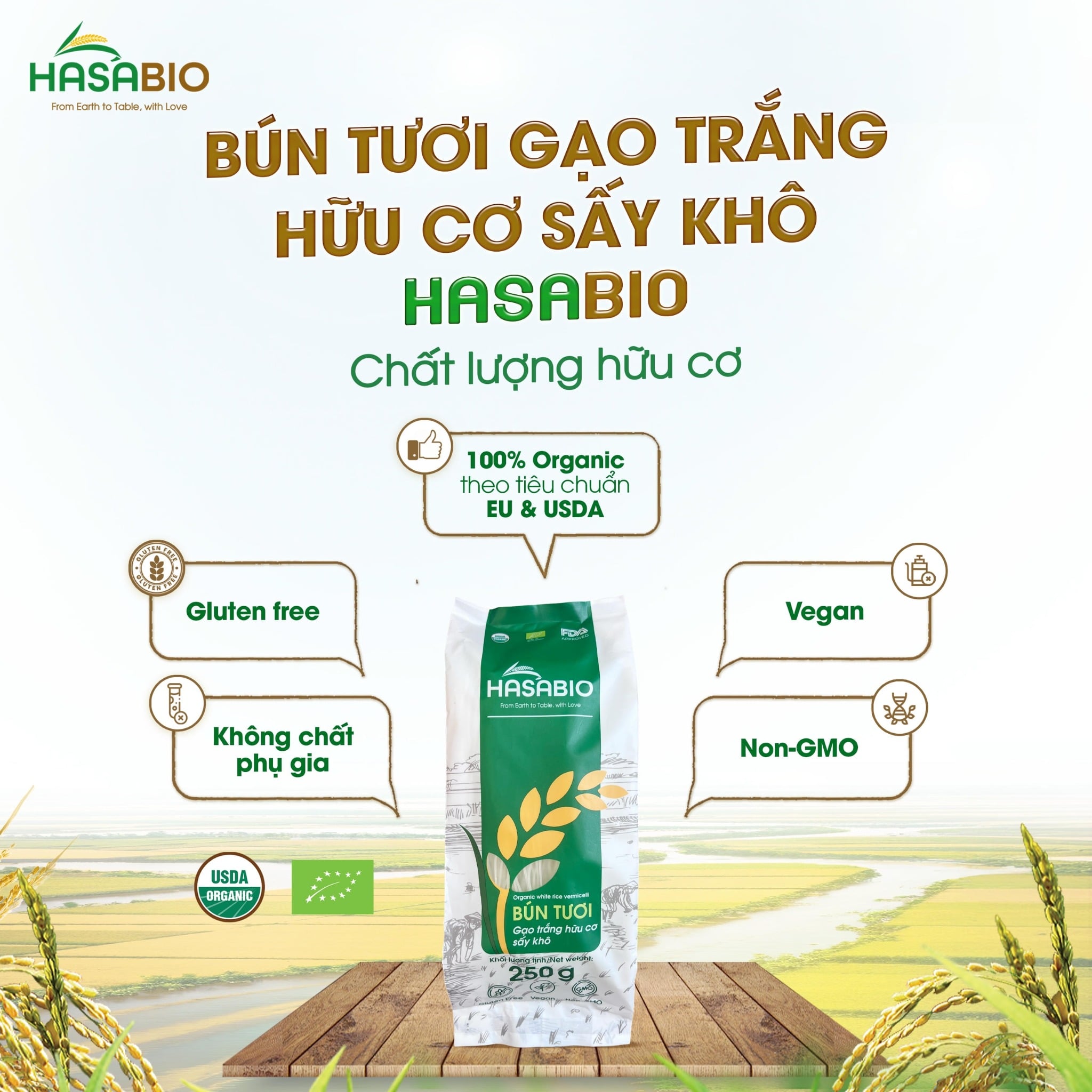 Bún tươi gạo trắng hữu cơ sấy khô HASABIO 250g