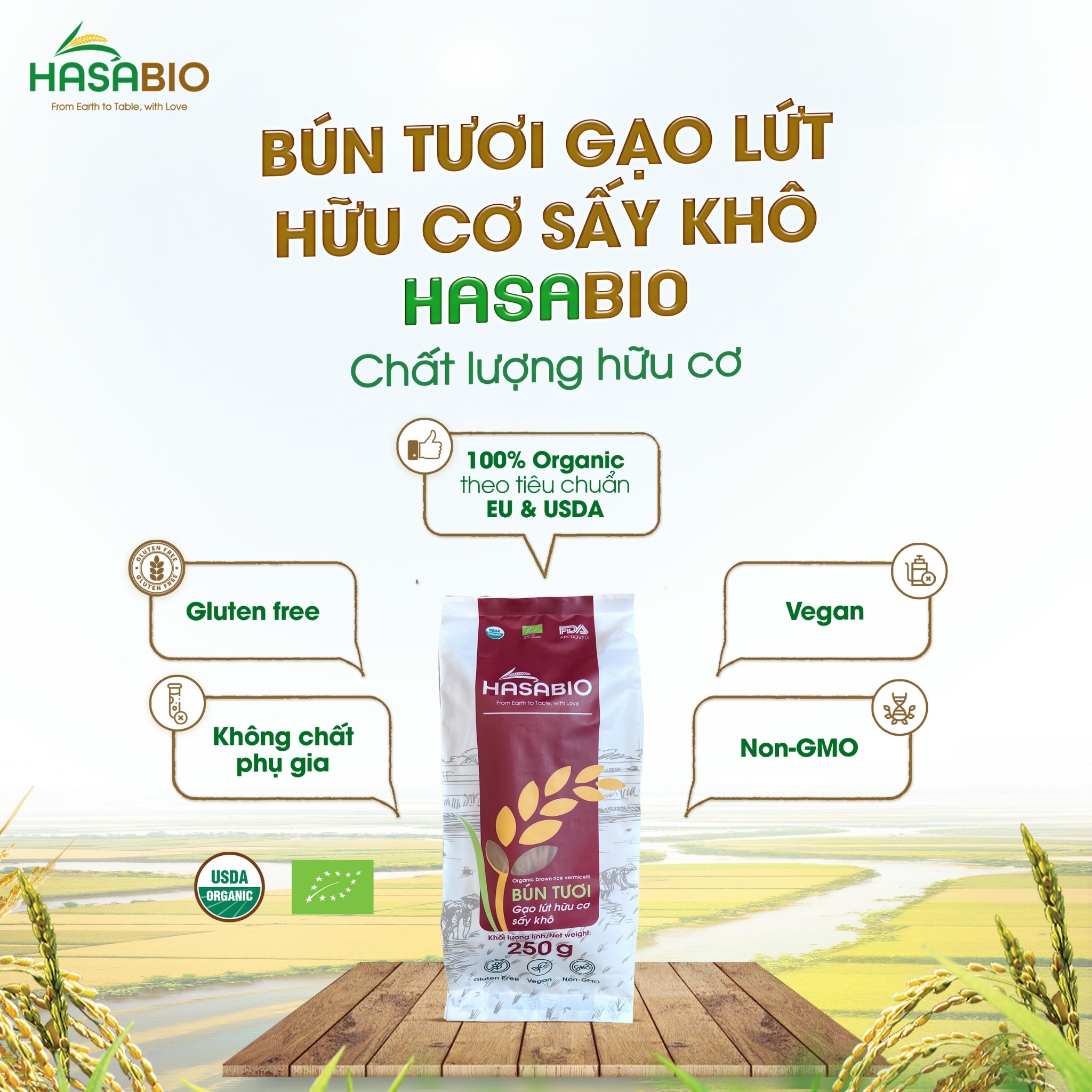 Bún tươi gạo lứt hữu cơ sấy khô HASABIO 250g
