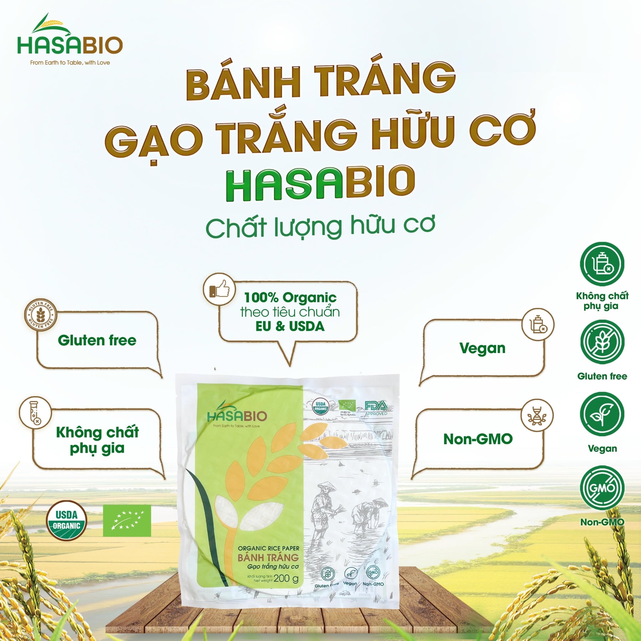 Bánh tráng gạo trắng hữu cơ HASABIO 200g