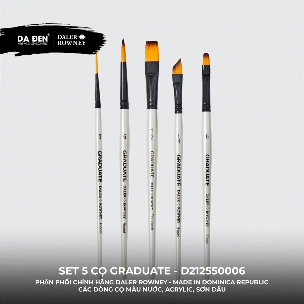 [DA ĐEN] Set 5 Cọ D212550006 Graduate của Daler Rowney Phù hợp cho cả Màu Nước, Acrylic, và Sơn Dầu