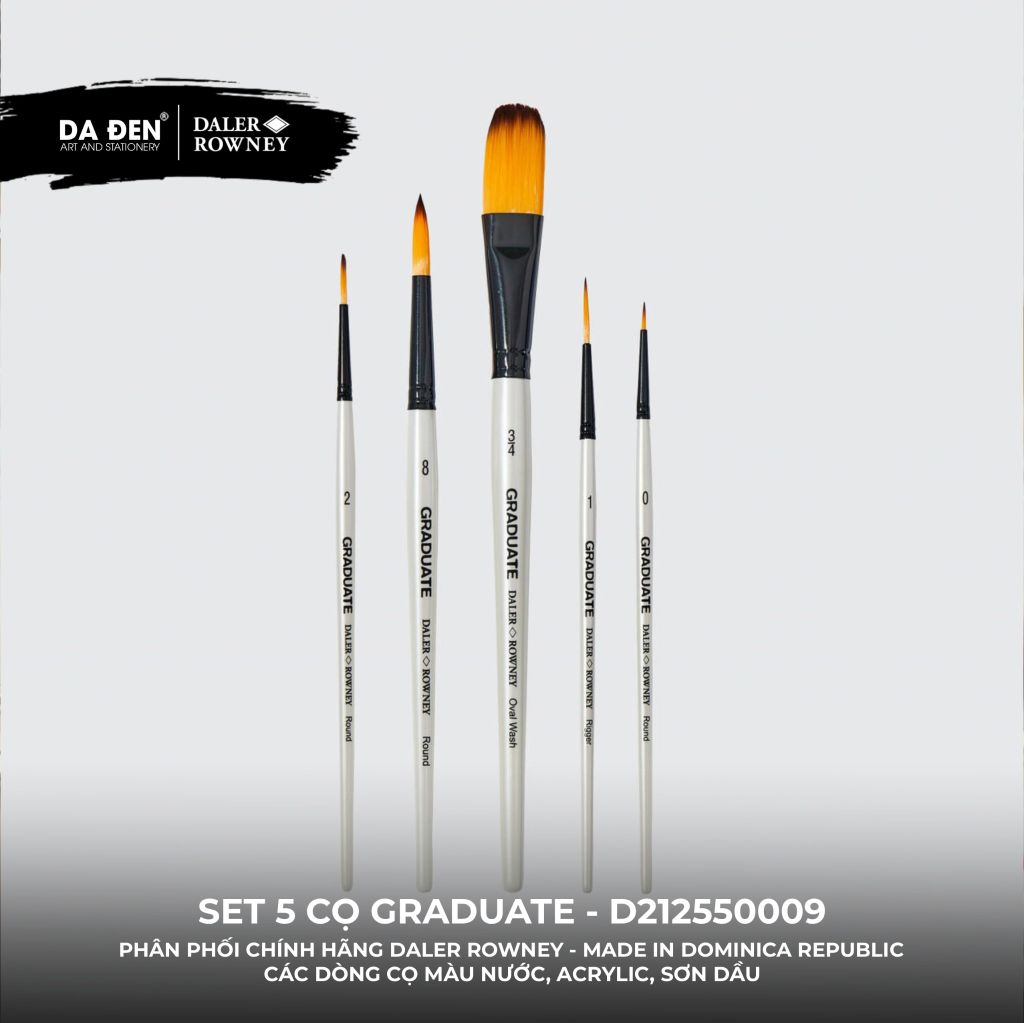 [DA ĐEN] Set 5 Cọ D212550009 Graduate của Daler Rowney Phù hợp cho cả Màu Nước, Acrylic, và Sơn Dầu