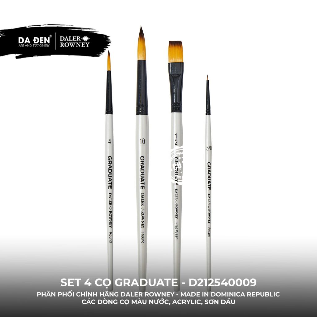 [DA ĐEN] Set 4 Cọ D212540009 Graduate của Daler Rowney Phù hợp cho cả Màu Nước, Acrylic, và Sơn Dầu