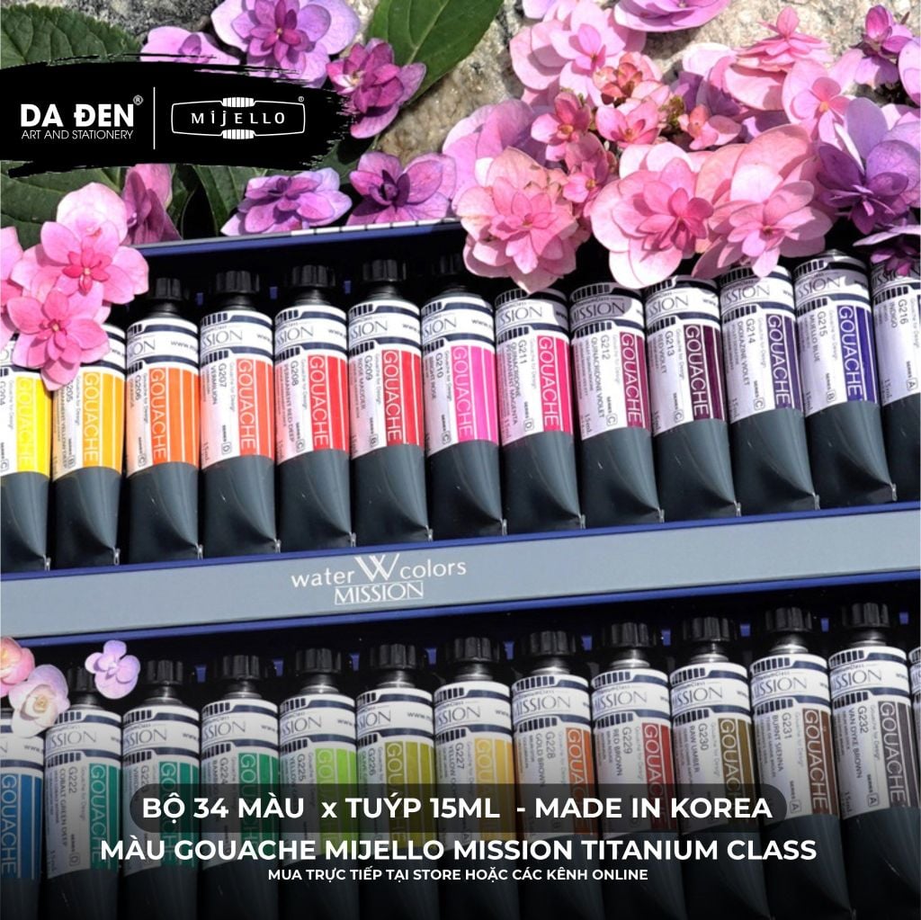 [DA ĐEN] Bộ Màu Gouache Mijello Mission Titanium Class Cao Cấp - Bộ 12/34 x 15ml