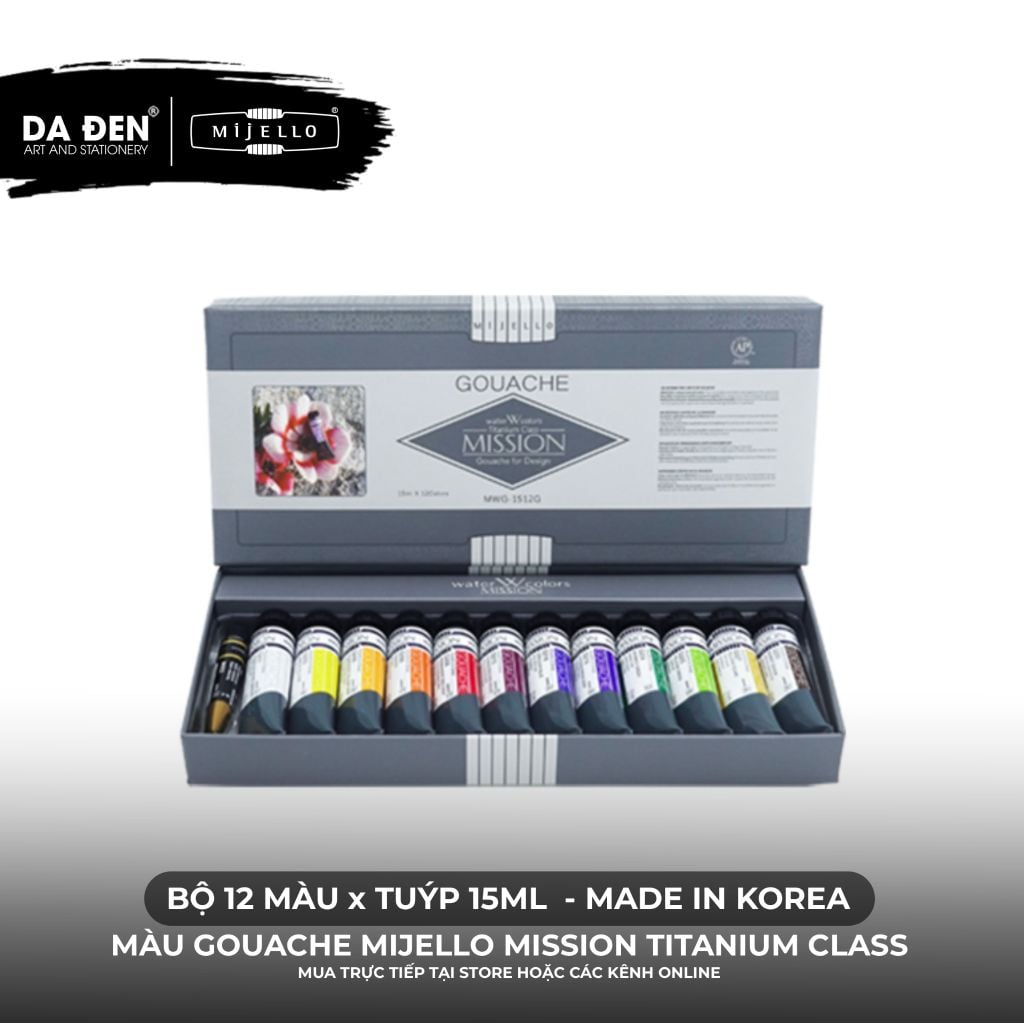 [DA ĐEN] Bộ Màu Gouache Mijello Mission Titanium Class Cao Cấp - Bộ 12/34 x 15ml