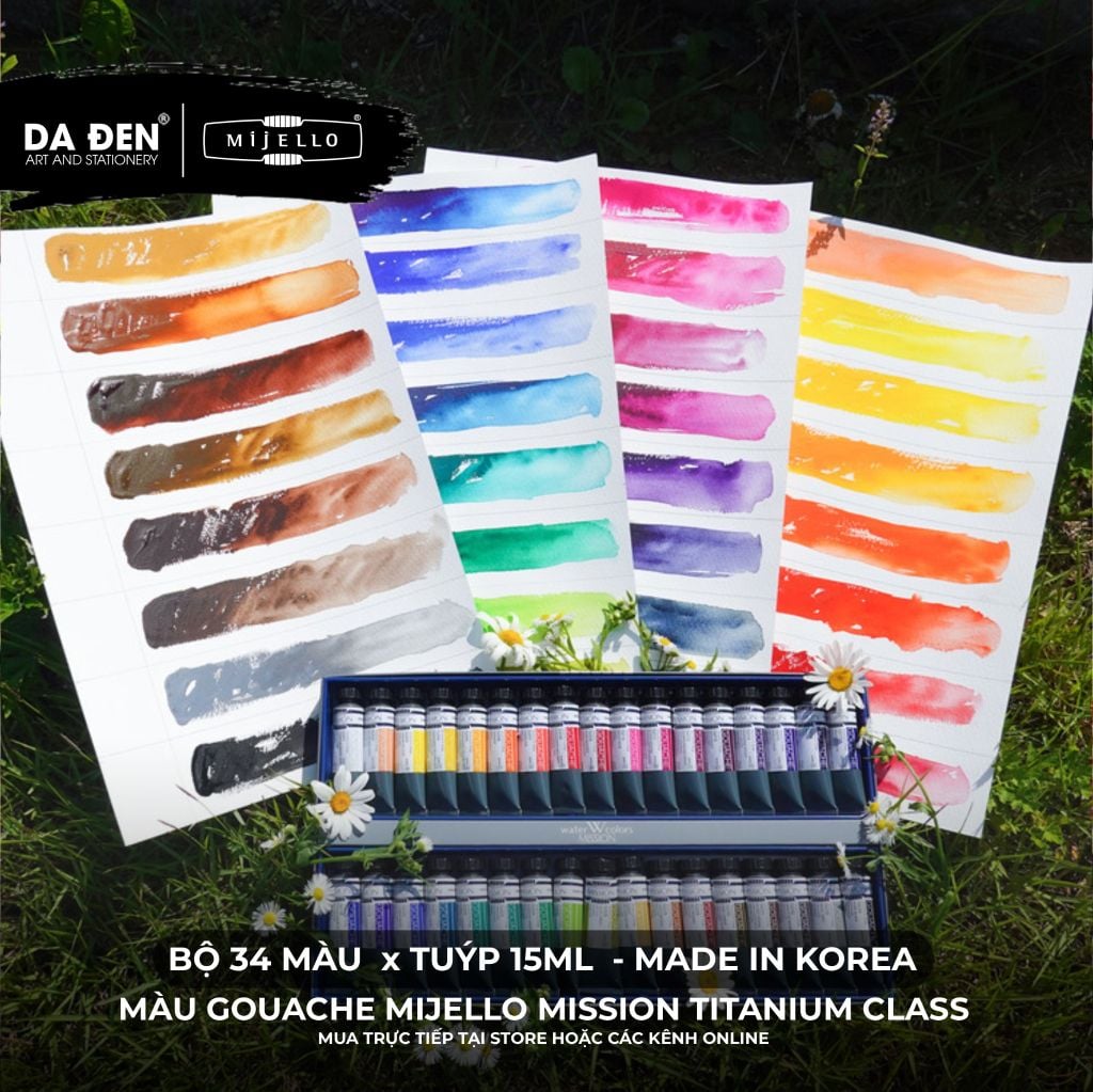 [DA ĐEN] Bộ Màu Gouache Mijello Mission Titanium Class Cao Cấp - Bộ 12/34 x 15ml