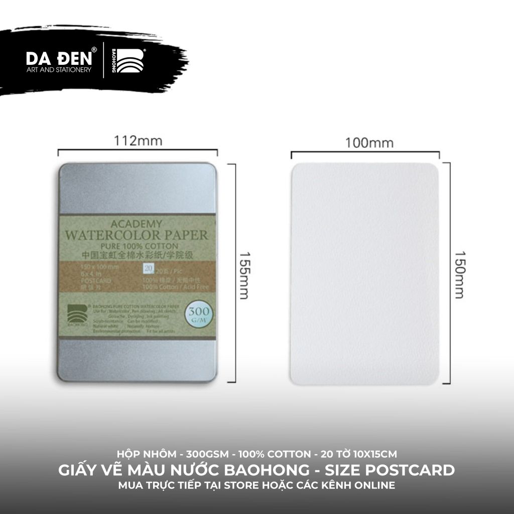 Giấy Màu Nước BaoHong 100% Cotton Postcard Hộp 20 Tờ (Dòng Academy)
