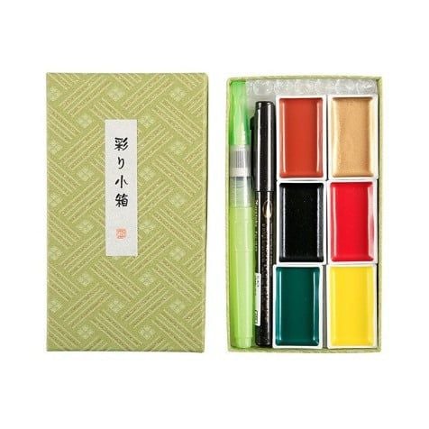 Màu Nước Kuretake Gansai IRODORI KOBAKO 6 Màu Kèm Cọ Và Bút Brush