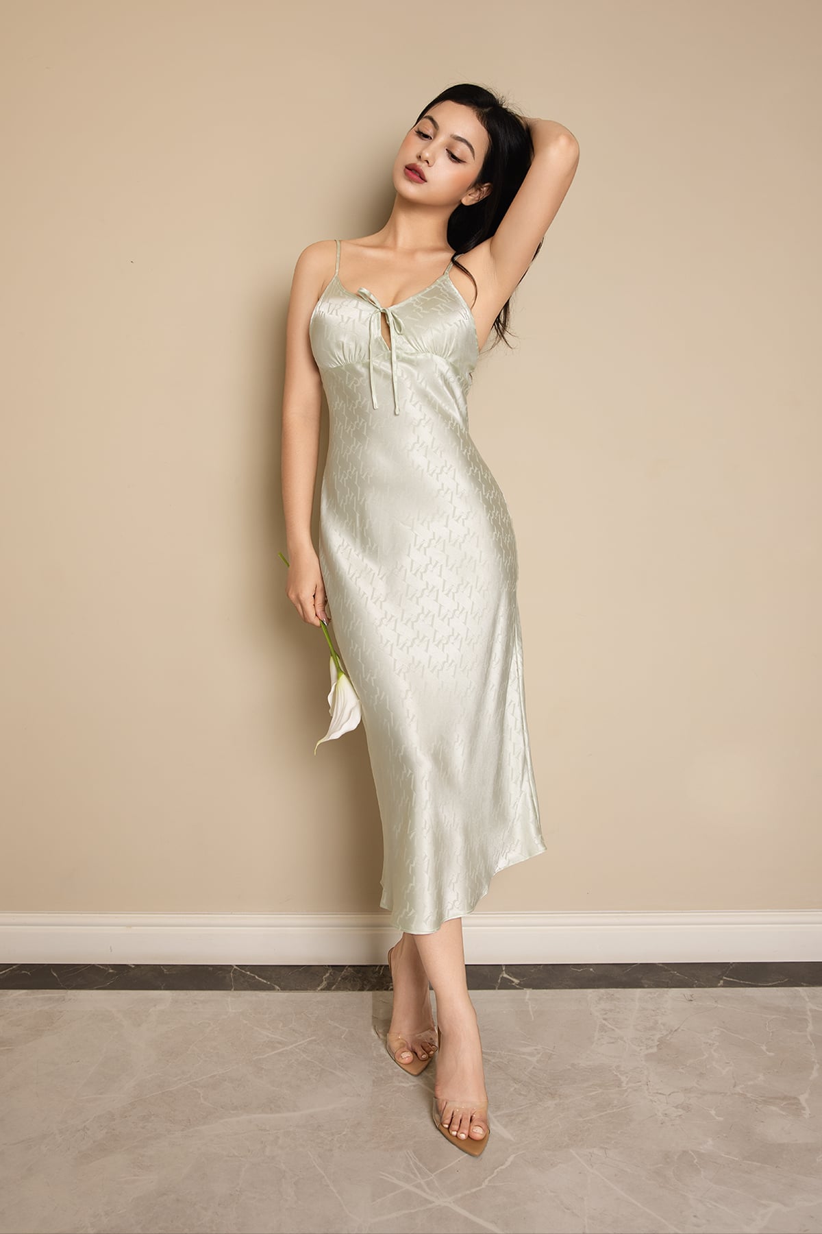 Đầm lửng Vera satin Jacquard hai dây - V0784