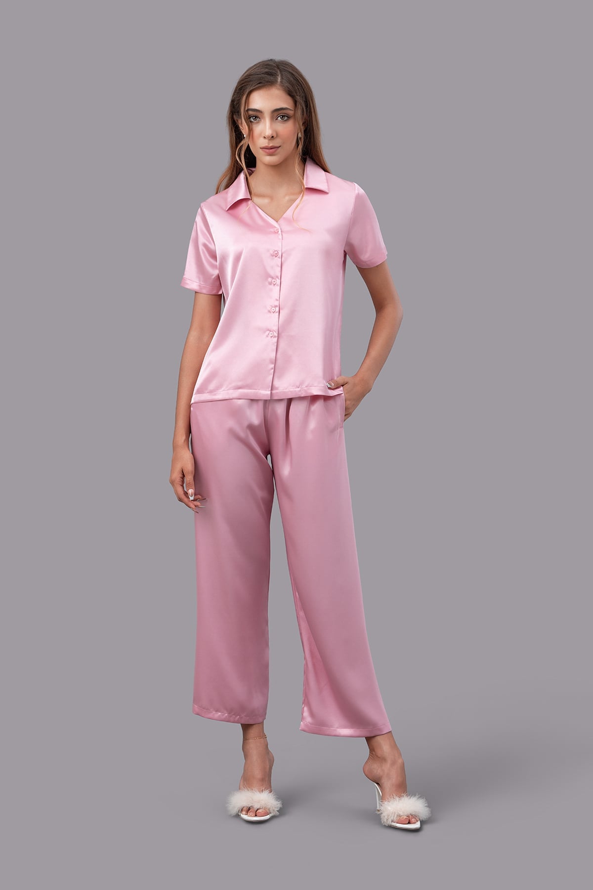 Bộ pijama dài nữ Vera satin trơn tay ngắn - V0762