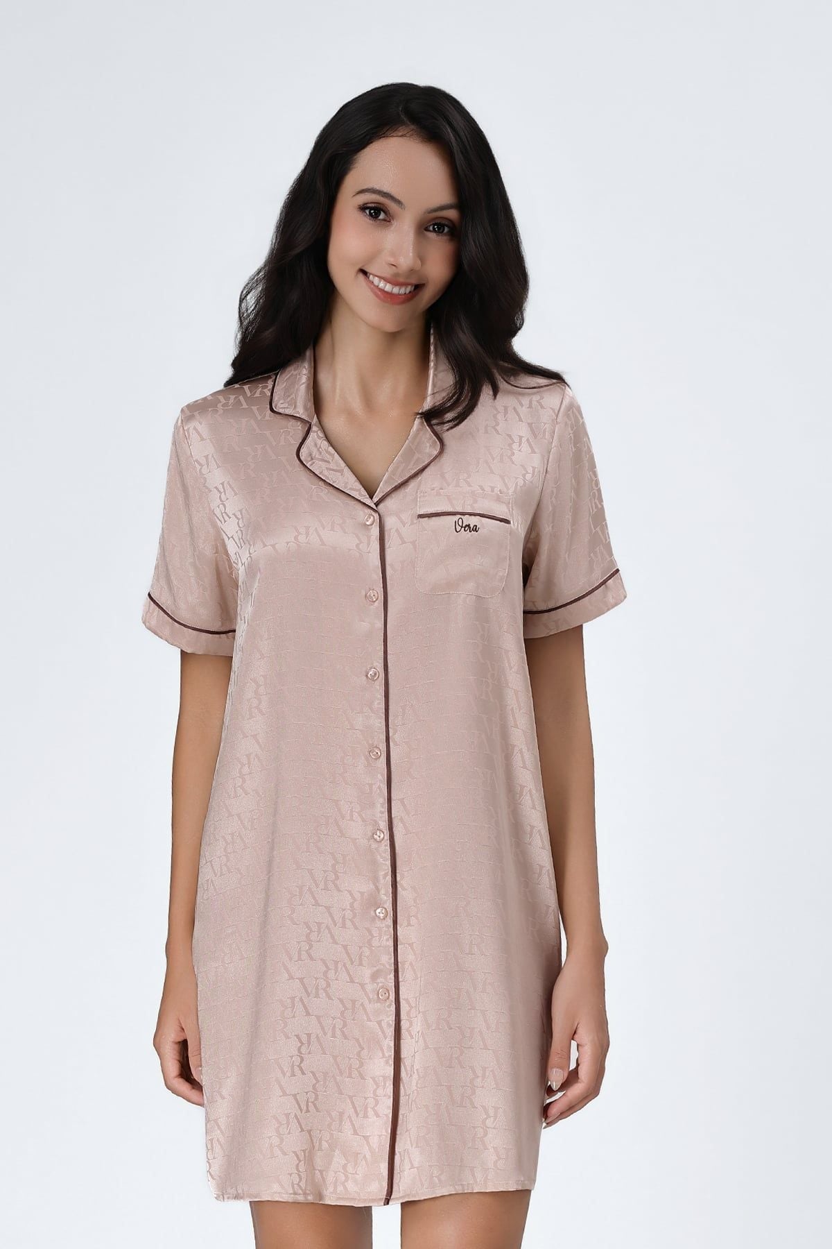 Đầm pijama Vera satin Jacquard tay ngắn - V0839