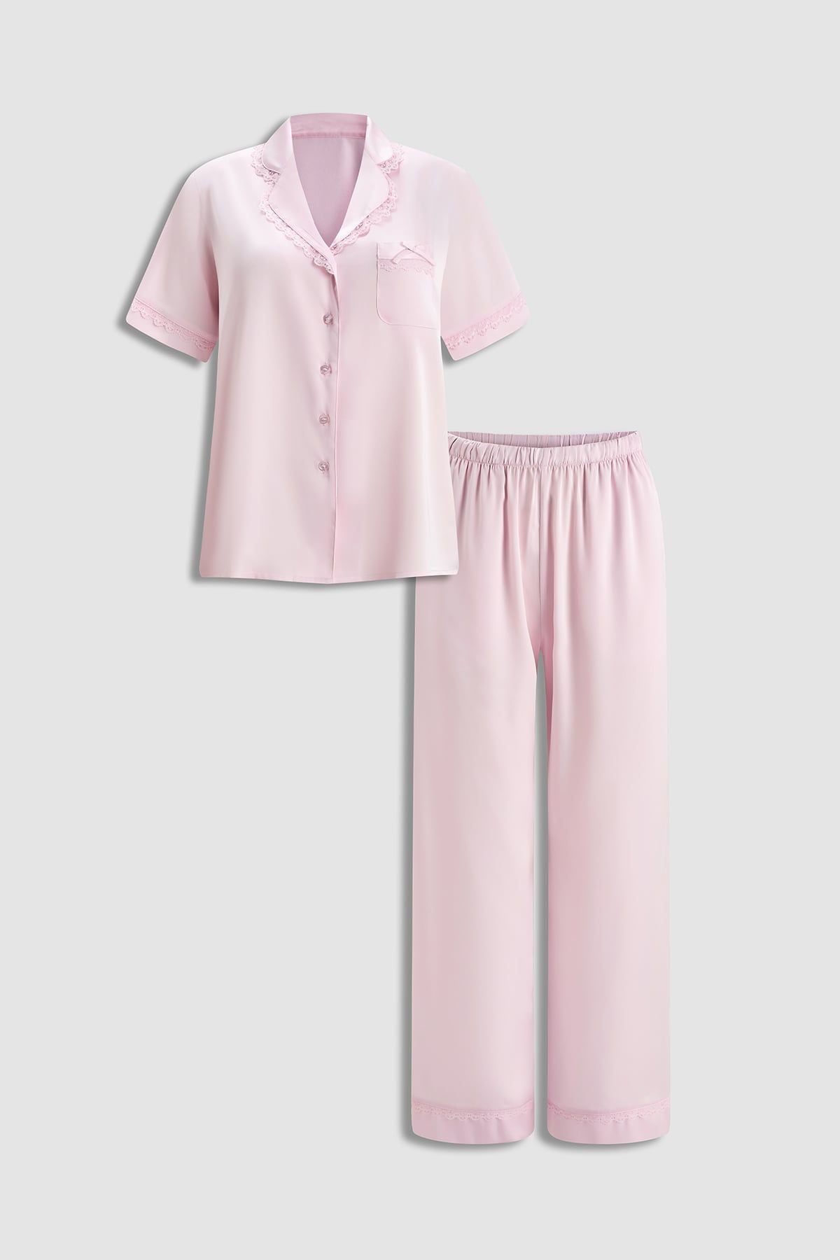 Bộ pijama dài nữ Vera satin trơn phối ren tay ngắn - V0802