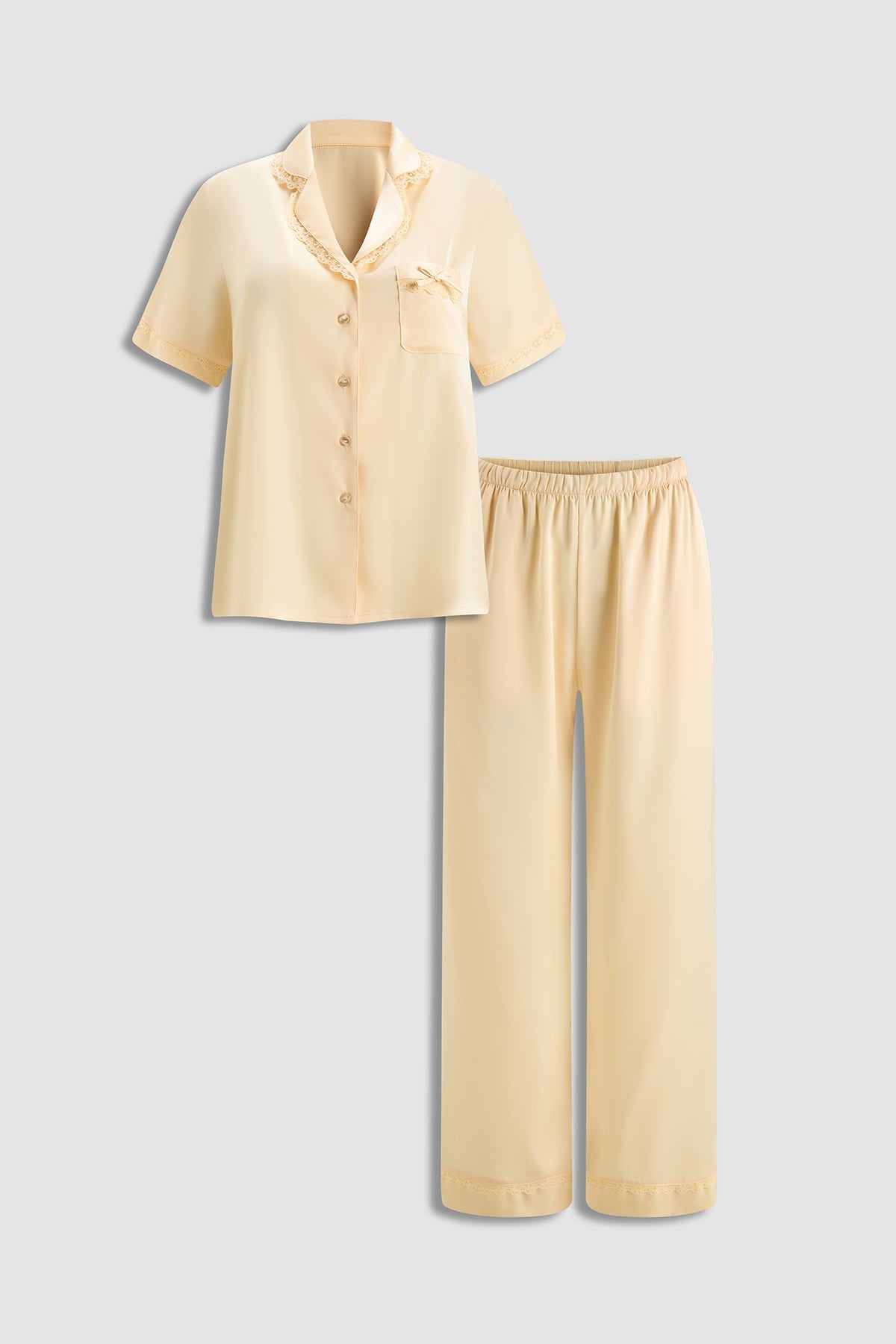 Bộ pijama dài nữ Vera satin trơn phối ren tay ngắn - V0802