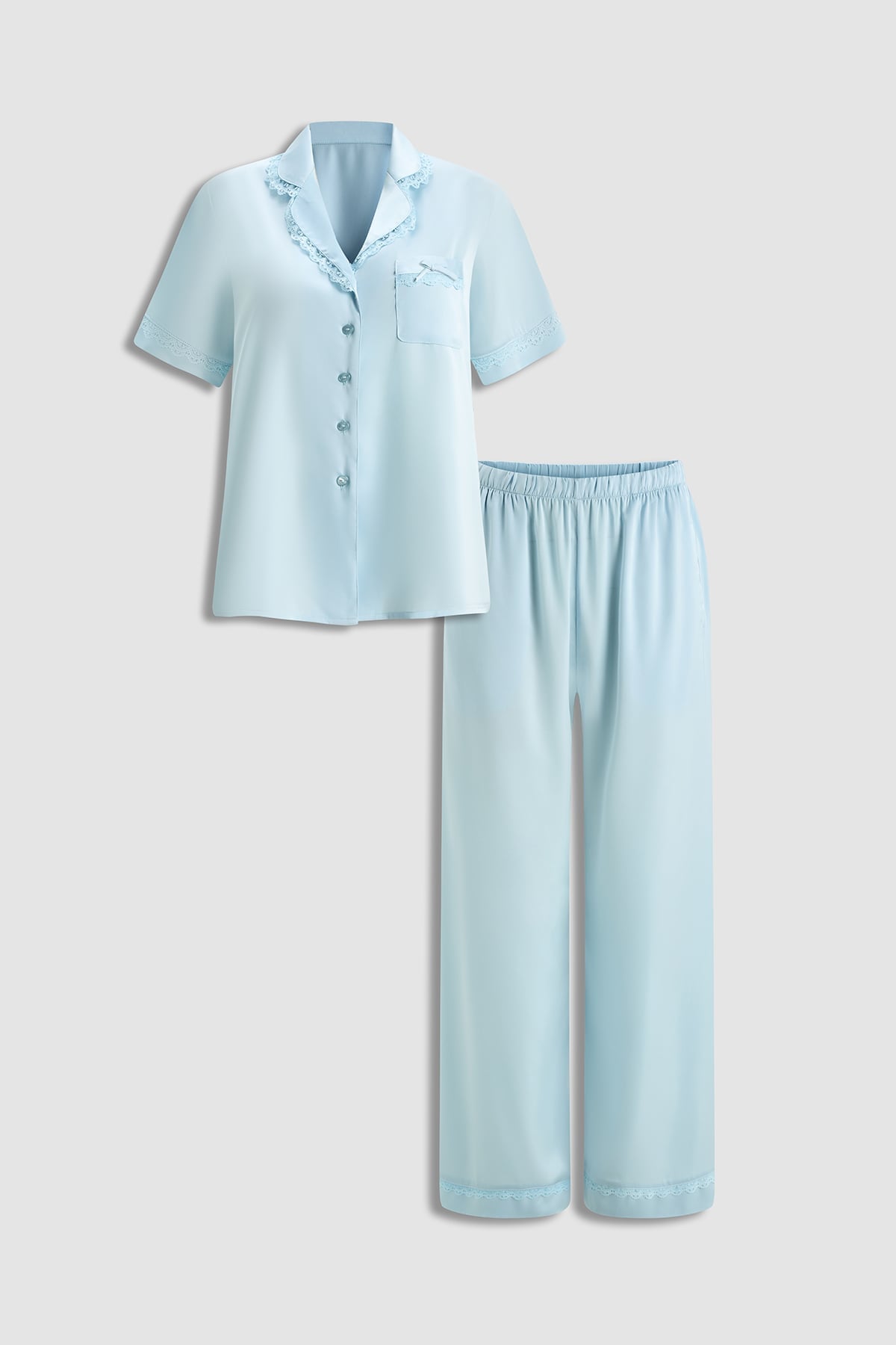 Bộ pijama dài nữ Vera satin trơn phối ren tay ngắn - V0802