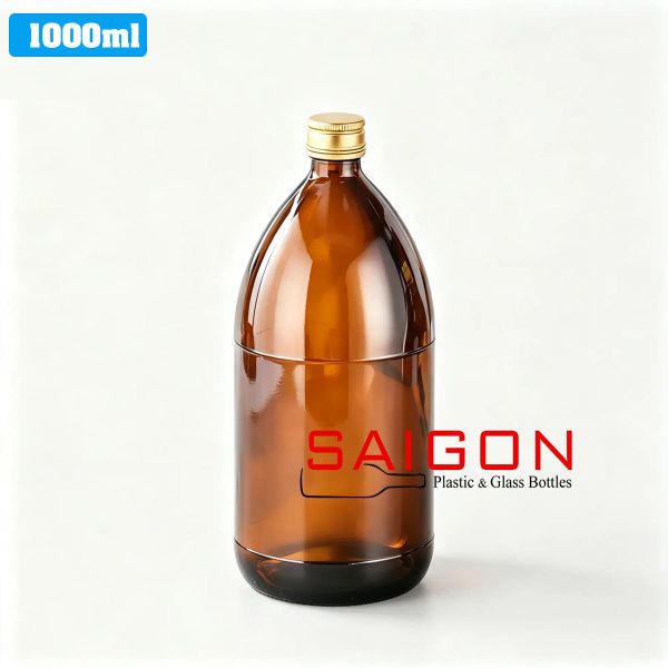 Chai Tròn Bầu Hỗ Phách 1000ml  | Chai thủy tinh nắp nhôm