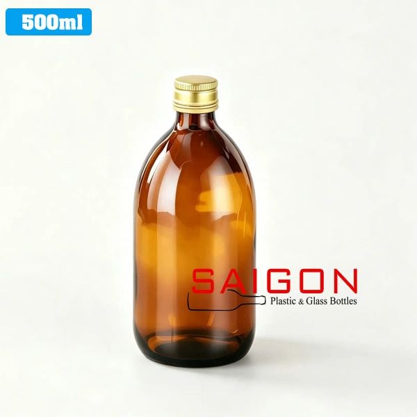Chai Tròn Bầu Hỗ Phách 500ml  | Chai thủy tinh nắp nhôm
