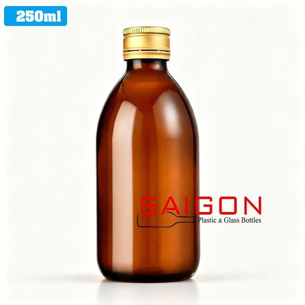 Chai Tròn Bầu Hỗ Phách 250ml  | Chai thủy tinh nắp nhôm