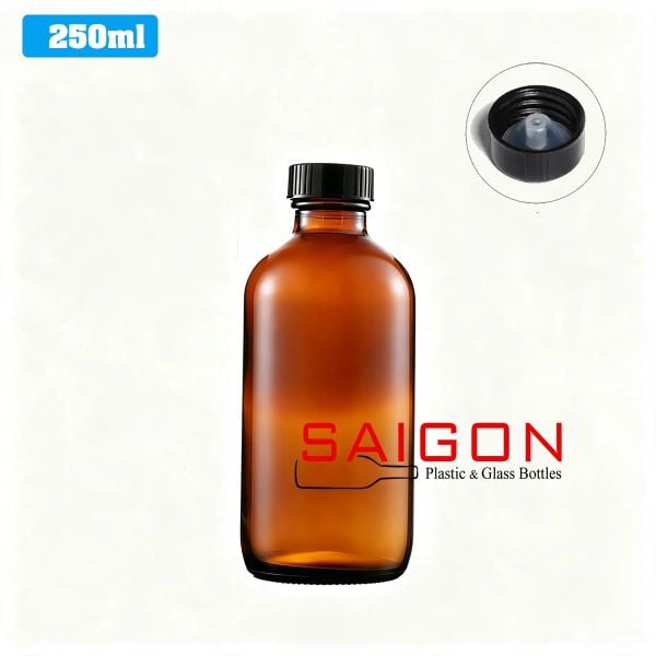Chai Boston Hỗ Phách 250ml  | Chai thủy tinh nắp nhựa