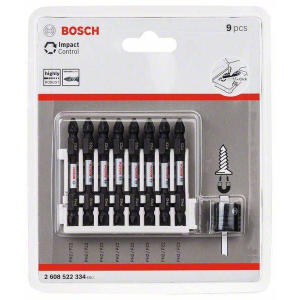 Bộ 8 đầu vặn vít Impact Control 65mm (PH2) 65mm (PH2-PH2) kèm đầu nam châm BOSCH PHỤ KIỆN 2608522334