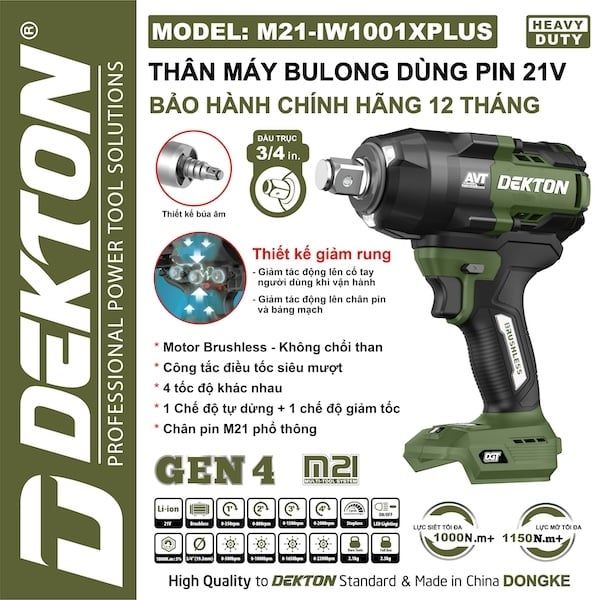 21V - 1000N.m Máy siết bulong pin 21V trục 3/4in DEKTON M21-IW1001XPLUS
