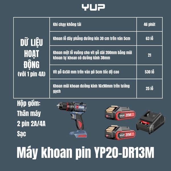 20V KHOAN VÍT BÚA 13mm Jiangsu YUP YP20 DR13M