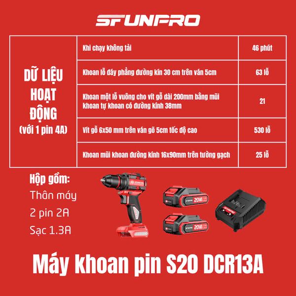 20V/2.0Ah Máy khoan vít búa kẹp 13mm SFUNPRO S20 DCR13A