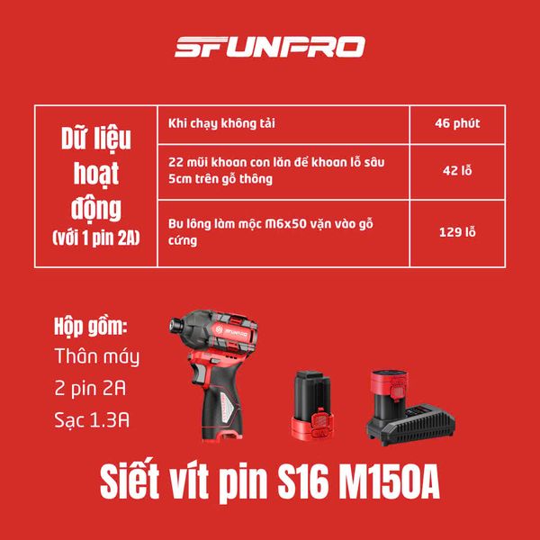 16V/2.0Ah Máy vặn 3 cấp lực có búa SFUNPRO S16 M150A