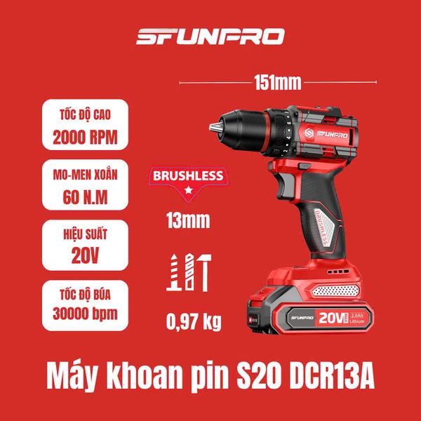 20V/2.0Ah Máy khoan vít búa kẹp 13mm SFUNPRO S20 DCR13A-THAN