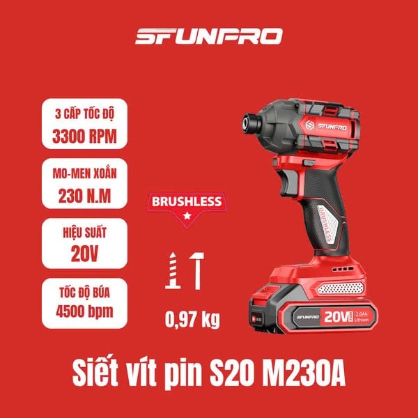20V/2.0Ah Máy vặn 3 cấp lực có búa SFUNPRO S20 M230A-THAN