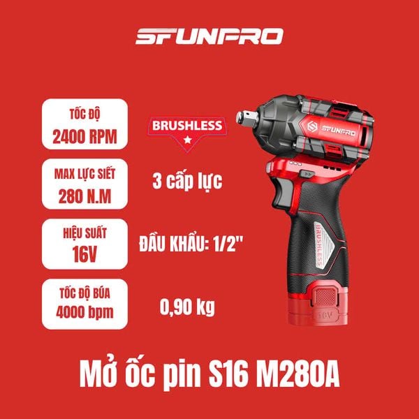 16V/2.0Ah Máy vặn 3 cấp lực đầu khẩu 1/2 inch SFUNPRO S16 M280A-THAN