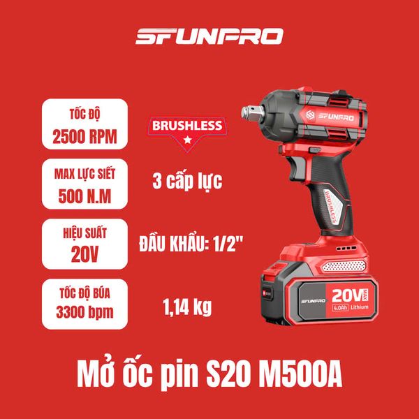 20V/4.0Ah Máy vặn 3 cấp lực đầu khẩu 1/2 inch SFUNPRO S20 M500A-THAN