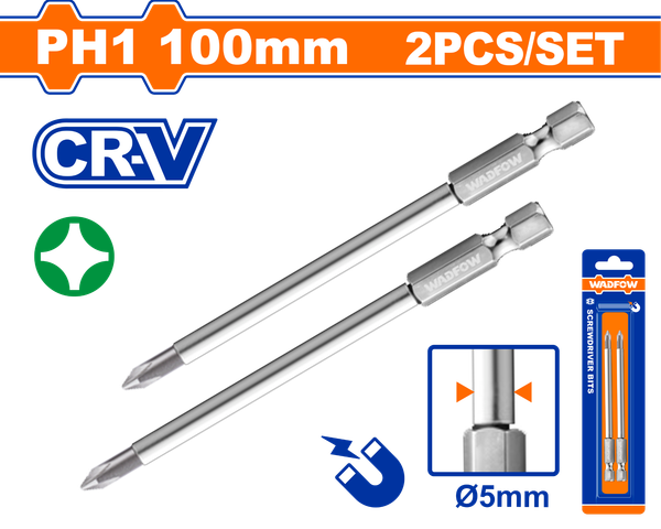 Bộ 2 mũi vít bake nối dài PH1x100mm WADFOW WSV9KPH1