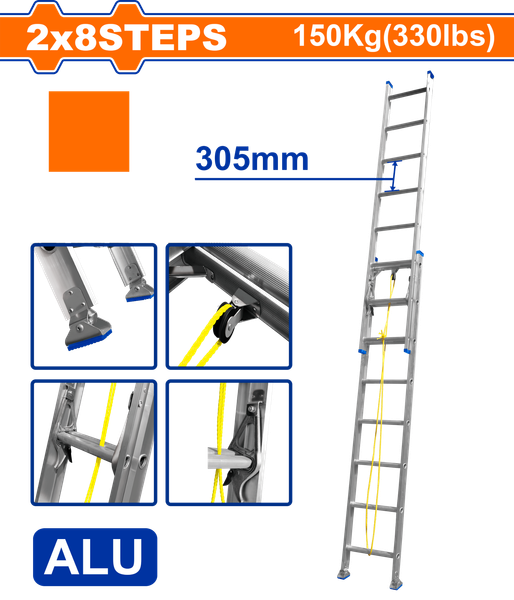 Thang Nhôm Trượt 2 Đoạn Xếp Kéo Dài 2x8 Bậc WADFOW WLD8H16