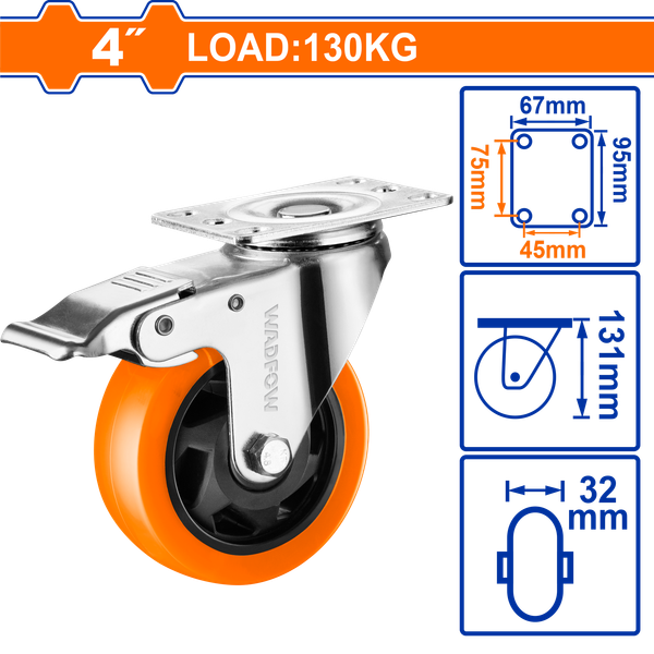 Bánh xe đẩy xoay 4 inch WADFOW WJL2343 có khóa, tải trọng 130kg (1 cái)