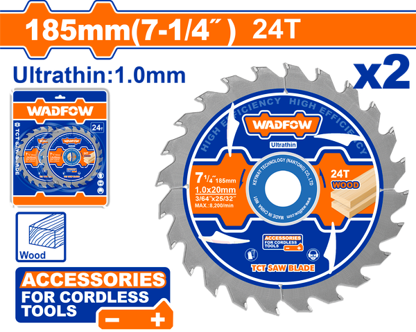 Bộ 2 Lưỡi Cưa Gỗ TCT Siêu Mỏng 185mm-24T WADFOW WTC3K18