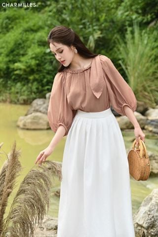 Áo TL cổ đính hạt, nơ lệch