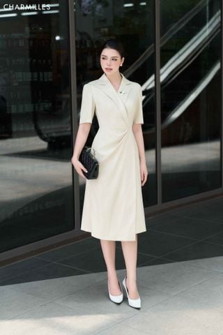 Đầm cổ vest , nhún eo lệch