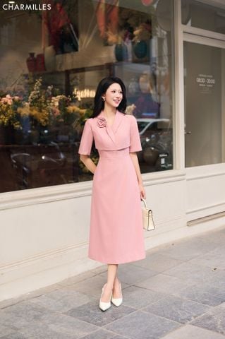 Đầm giả vest , lá cổ cuốn hoa