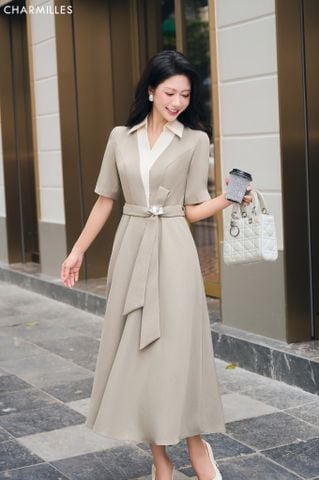 Đầm CD phối, nơ eo