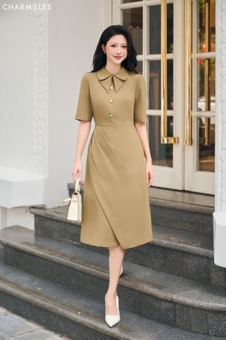 Đầm A lá cổ gập , mí eo