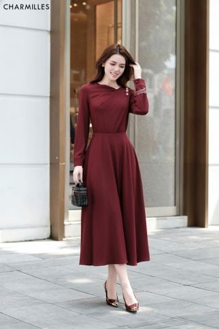 Đầm TD cổ tim lệch, phối 3 khuy