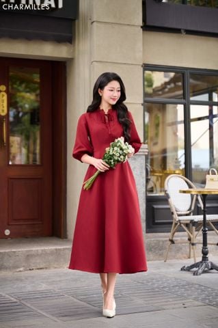 Đầm Tl chun1/2 cổ zen buộc nơ