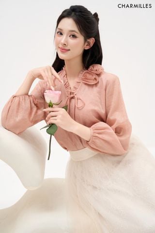 Áo TD cổ bèo nơ 2 hoa vai