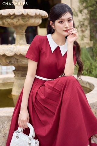 Đầm TC(Đ), cổ phối, xếp ly