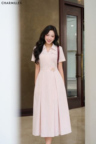 Đầm TC cổ V, hoa cài eo