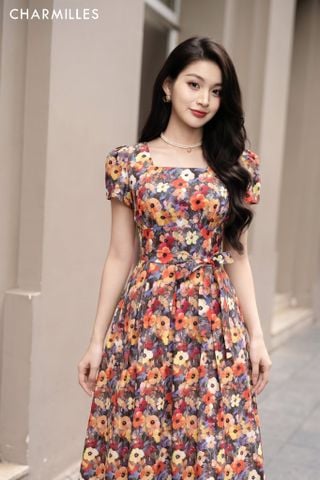 Đầm TC cổ vuông,eo buộc