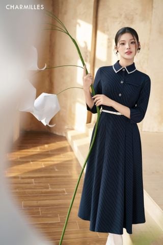 Đầm TL cổ phối sọc trắng