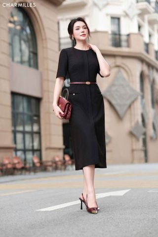 Đầm A cổ tròn , 2 túi (Đ)