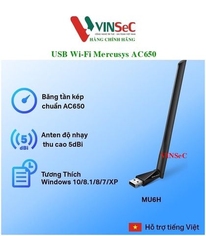 USB Wi-Fi Mercusys MU6H Băng Tần Kép Độ Lợi Cao AC650 - Hàng Chính Hãng