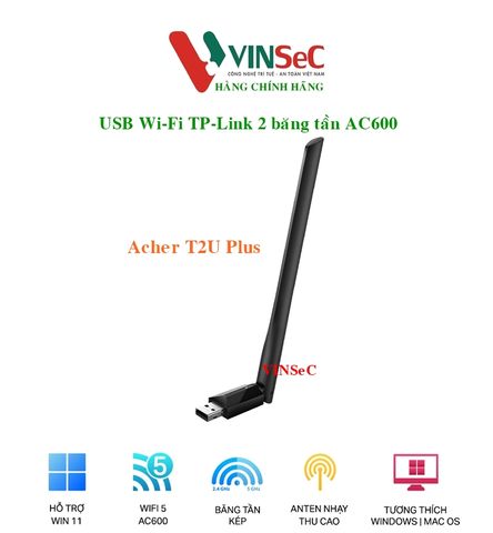 Bộ Chuyển Đổi USB Wi-Fi TP-Link Acher T2U Plus - Băng Tần Kép Độ Lợi Cao AC600 - Hàng Chính Hãng